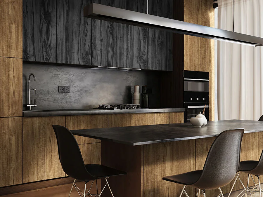 Uniboard TFL products shown in a modern, masculine kitchen with dark woods and textures.