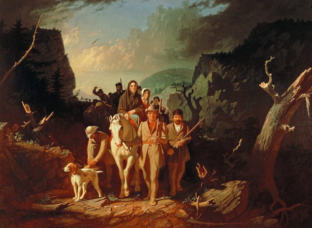George Caleb Bingham painting of Daniel Boone leading settlers through a rocky mountain pass
