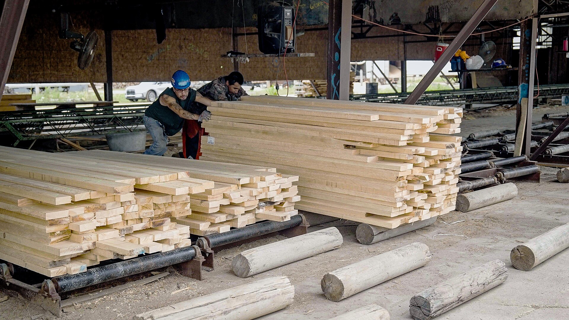 Stacks of fresh-sawn lumber at the Menominee Tribal Enterprises sawmill