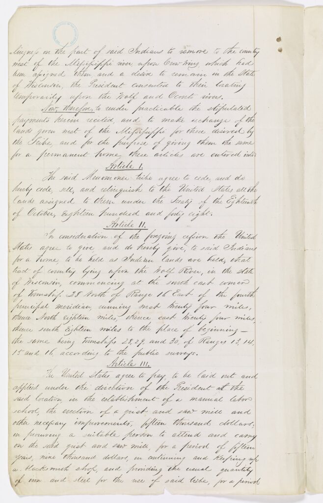 Handwritten page from the 1854 treaty between the United States and the Menominee