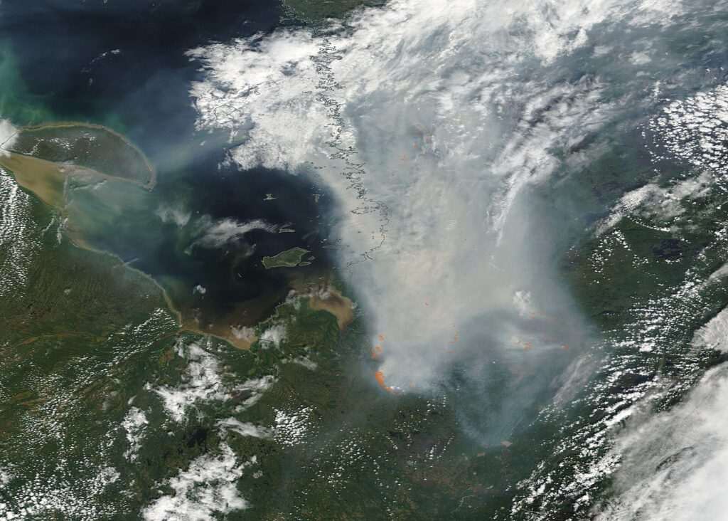 Satellite view of heavy smoke plumes pouring from multiple wildfires across the forests of Quebec